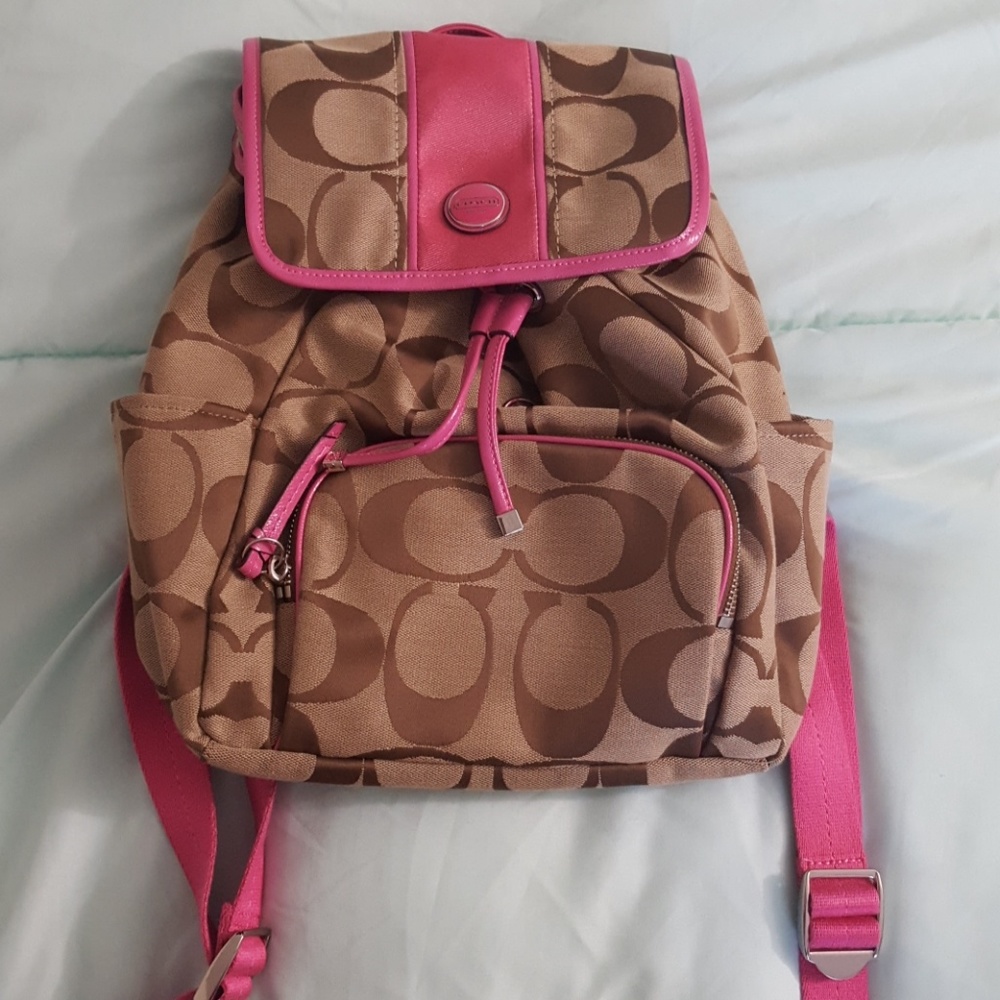 Coach Tan with Pink Drawstring Backpack